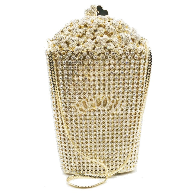 Luxury Crystal Popcorn Bucket Evening Party Purse Shoulder Bag Handbag