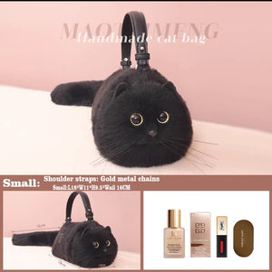 Cute Lifelike Black Cat Shape Soft Fur Handbag Shoulder Bag