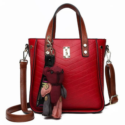 Vintage Rivet Women Handbag Shoulder Bag with Cute Bear Keychain