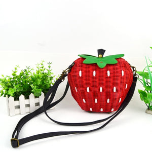 Red Strawberry Rattan Straw Weave Purse Shoulder Bag