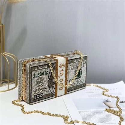 Luxury USD Dollar Money Design Crystal Evening Purse Shoulder Bag
