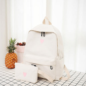 Mini Heart Print Minimal 15 Inch Canvas Backpack School Bag with Pouch