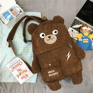 Cute Teddy Bear Embroidery Corduroy Multi Pocket Backpack School Bag