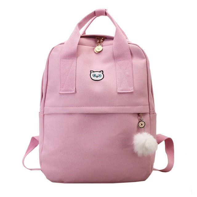 DemonChest Black College Cute Cat Embroidery Canvas School Backpack Bags  for Kids Kitty(Pink)