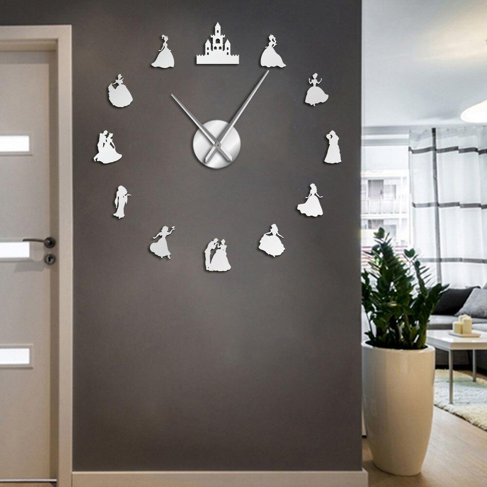 Wall Clocks - Beauty Prince & Princess Large Frameless DIY Wall Clock Girls Bedroom Wall Art