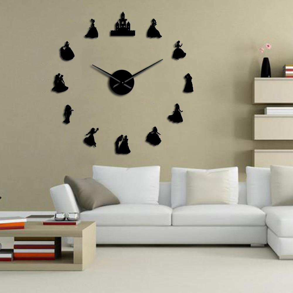 Wall Clocks - Beauty Prince & Princess Large Frameless DIY Wall Clock Girls Bedroom Wall Art