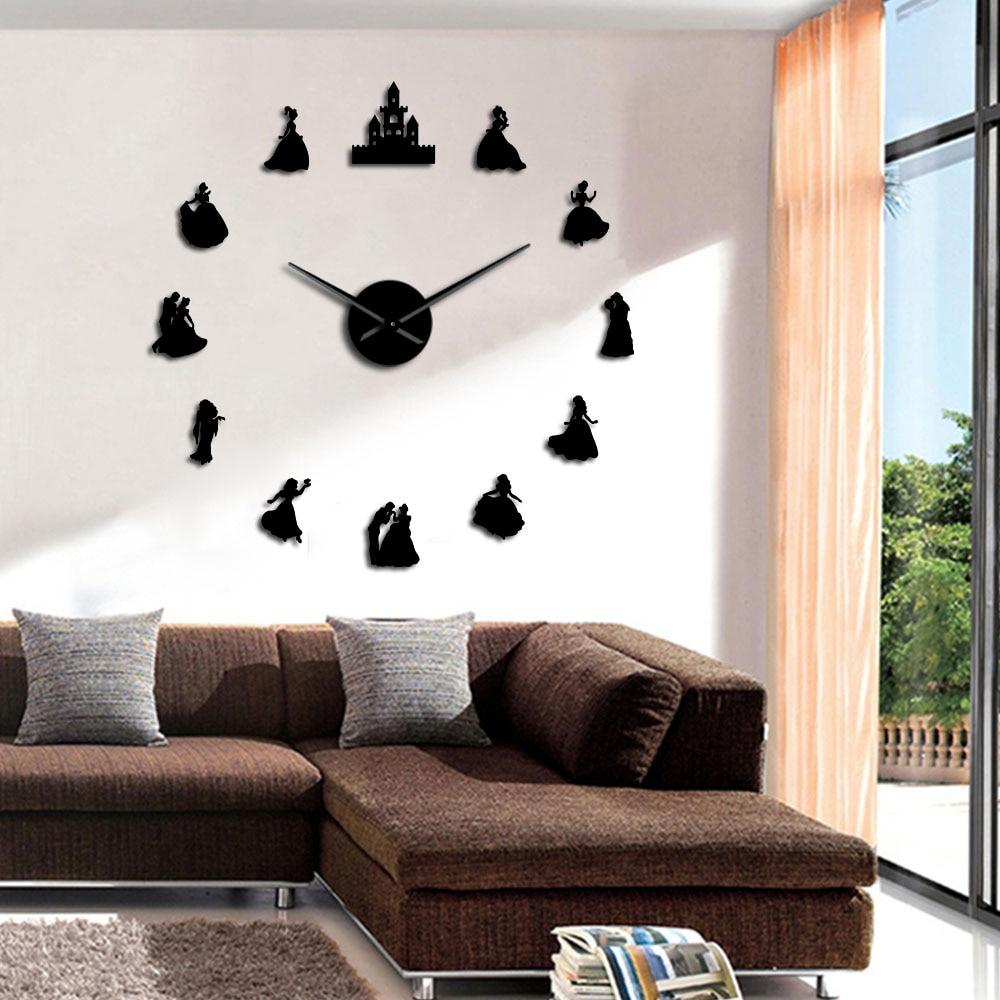 Wall Clocks - Beauty Prince & Princess Large Frameless DIY Wall Clock Girls Bedroom Wall Art