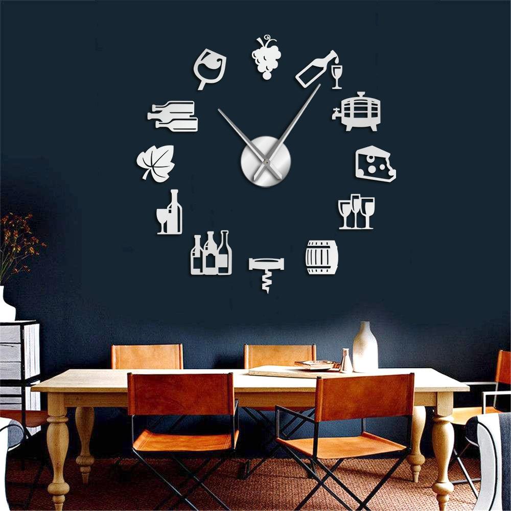 Wall Clocks - Cheese And Wine Large Frameless DIY Wall Clock Kitchen Art Decor