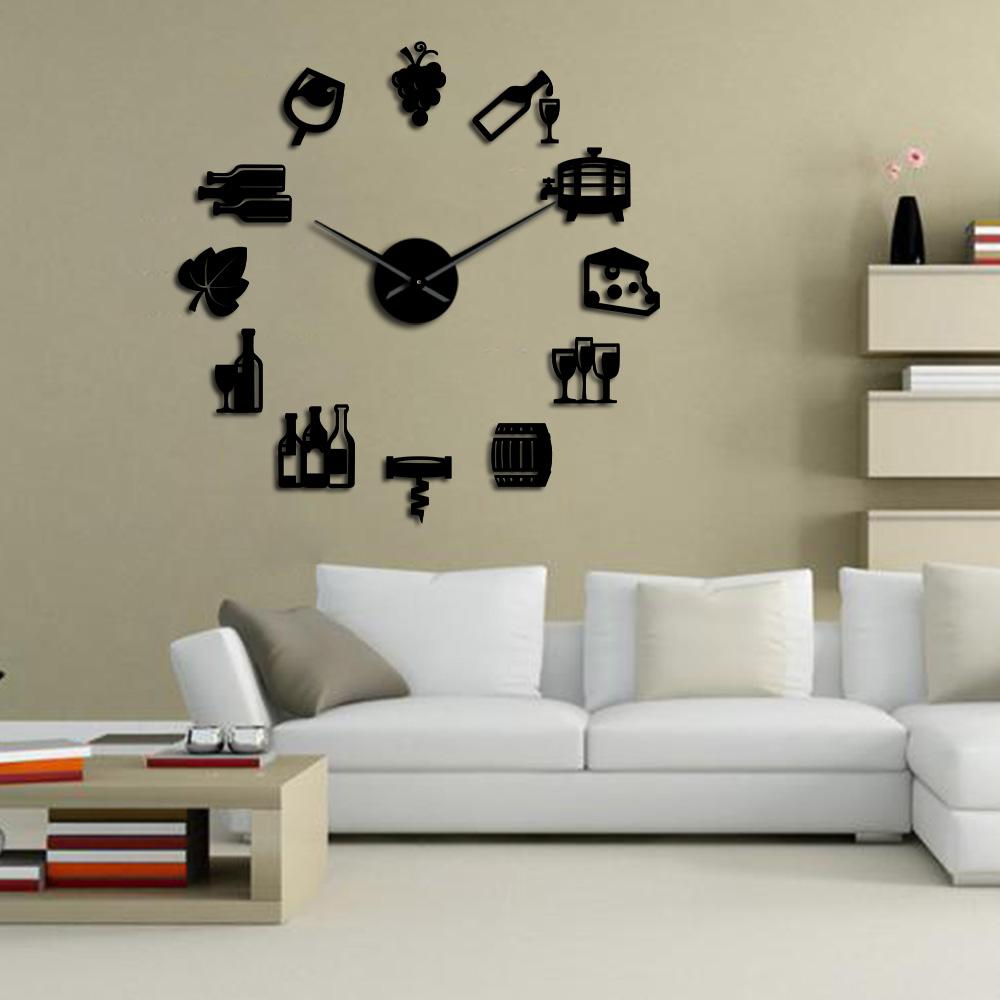 Wall Clocks - Cheese And Wine Large Frameless DIY Wall Clock Kitchen Art Decor