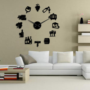 Wall Clocks - Cheese And Wine Large Frameless DIY Wall Clock Kitchen Art Decor