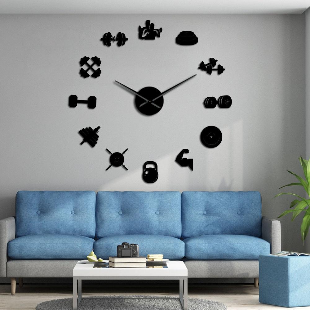 Wall Clocks - Dumbbell Gym Equipment Large Frameless DIY Wall Clock Workout Trainers Gift