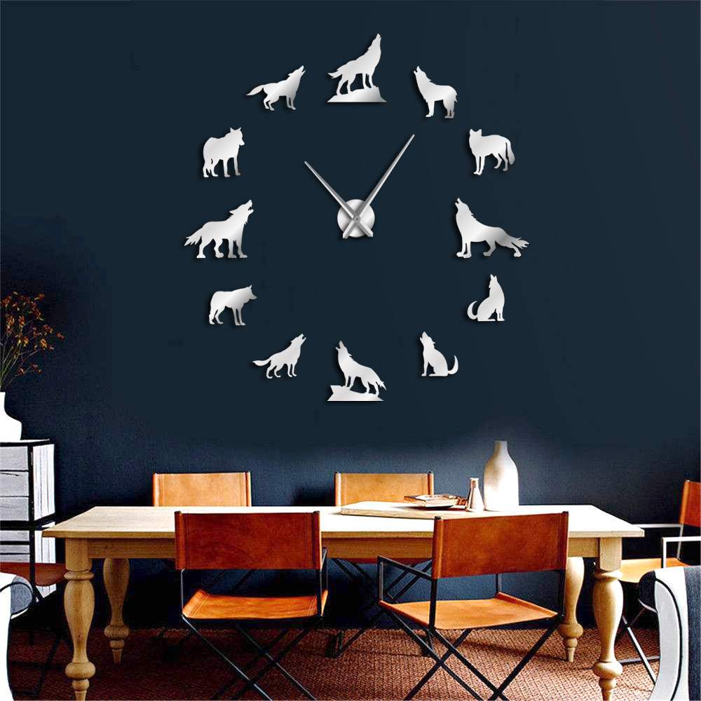 Wall Clocks - Howling Wolves Large Frameless DIY Wall Clock Wolf Lover Gift