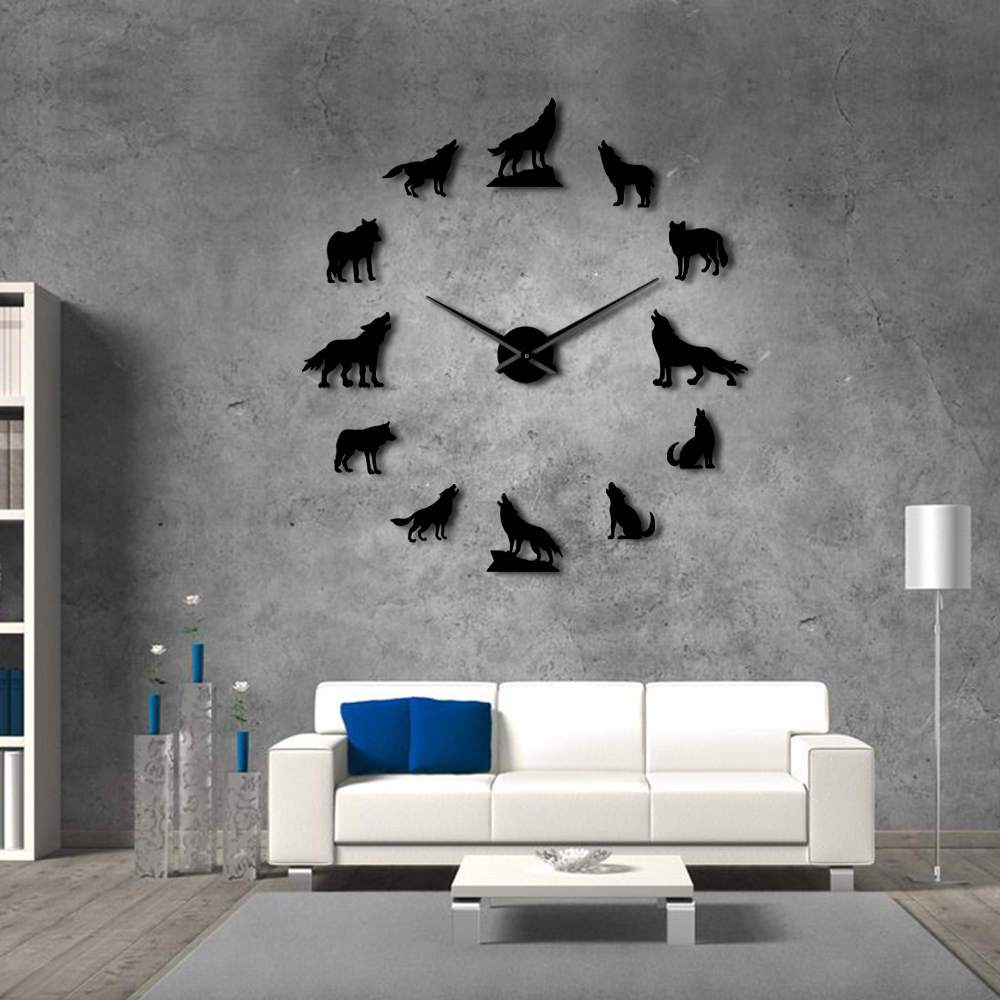 Wall Clocks - Howling Wolves Large Frameless DIY Wall Clock Wolf Lover Gift