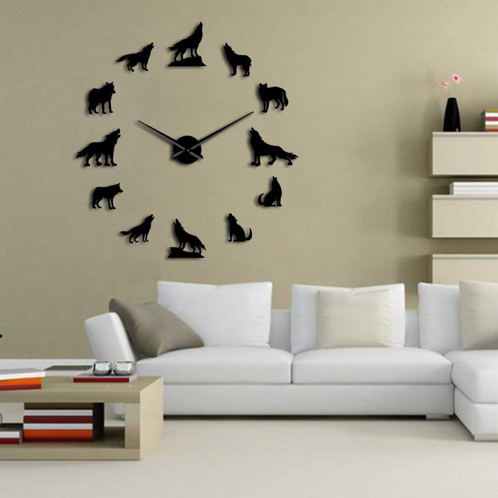 Wall Clocks - Howling Wolves Large Frameless DIY Wall Clock Wolf Lover Gift