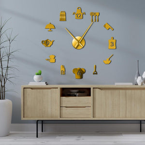 Kitchen Tools Utensils FLarge Frameless DIY Wall Clock Dining Room Kitchen Art Decor