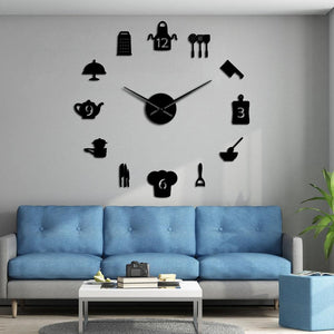 Kitchen Tools Utensils FLarge Frameless DIY Wall Clock Dining Room Kitchen Art Decor