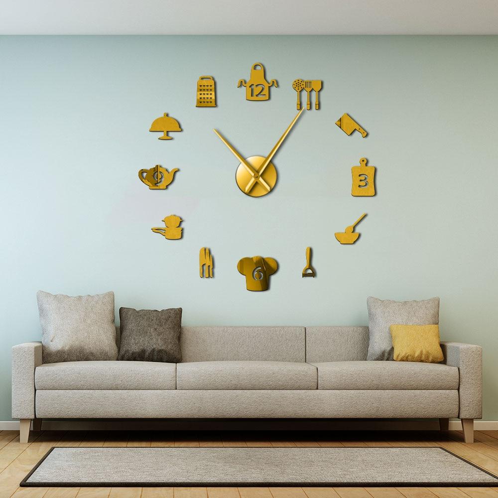 Kitchen Tools Utensils FLarge Frameless DIY Wall Clock Dining Room Kitchen Art Decor
