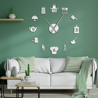Kitchen Tools Utensils FLarge Frameless DIY Wall Clock Dining Room Kitchen Art Decor