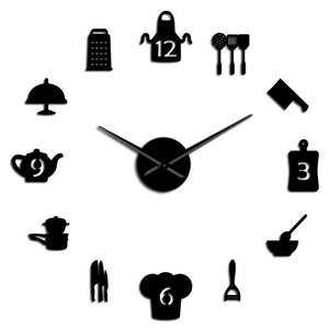 Kitchen Tools Utensils FLarge Frameless DIY Wall Clock Dining Room Kitchen Art Decor