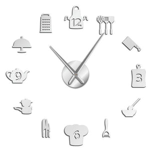 Kitchen Tools Utensils FLarge Frameless DIY Wall Clock Dining Room Kitchen Art Decor