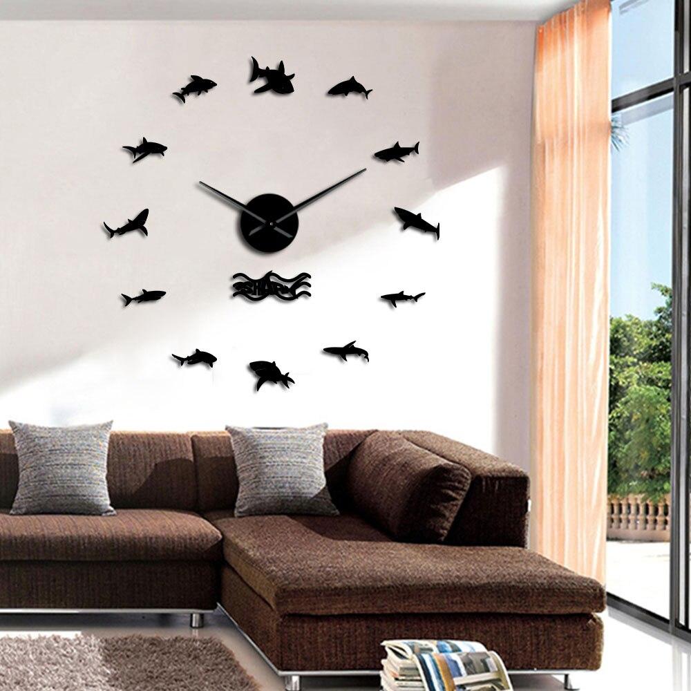 Wall Clocks - Ocean Great White Sharks Large Frameless DIY Wall Clock