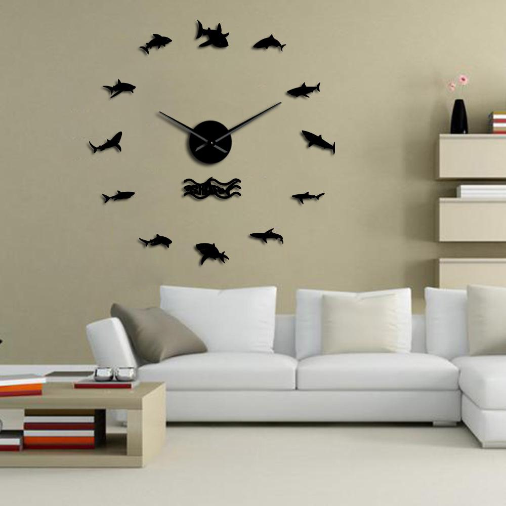 Wall Clocks - Ocean Great White Sharks Large Frameless DIY Wall Clock