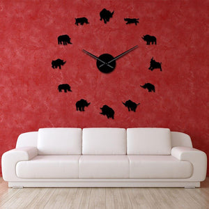 Wall Clocks - Rhinoceros Wildlife Animal Large Frameless DIY Wall Clock Rhinos Wall Art Decor
