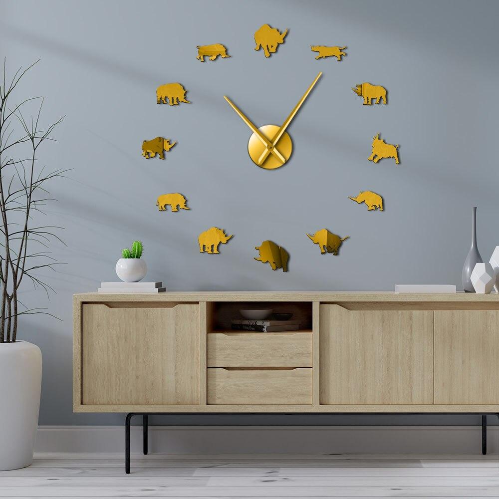 Wall Clocks - Rhinoceros Wildlife Animal Large Frameless DIY Wall Clock Rhinos Wall Art Decor