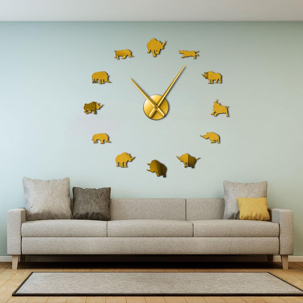 Wall Clocks - Rhinoceros Wildlife Animal Large Frameless DIY Wall Clock Rhinos Wall Art Decor