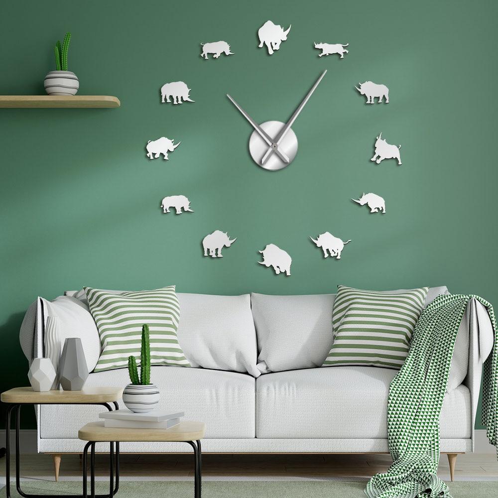 Wall Clocks - Rhinoceros Wildlife Animal Large Frameless DIY Wall Clock Rhinos Wall Art Decor