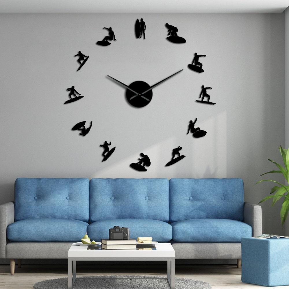 Wall Clocks - Surfing Sport Wakeboarding Large Frameless DIY Wall Clock Surfers Gift