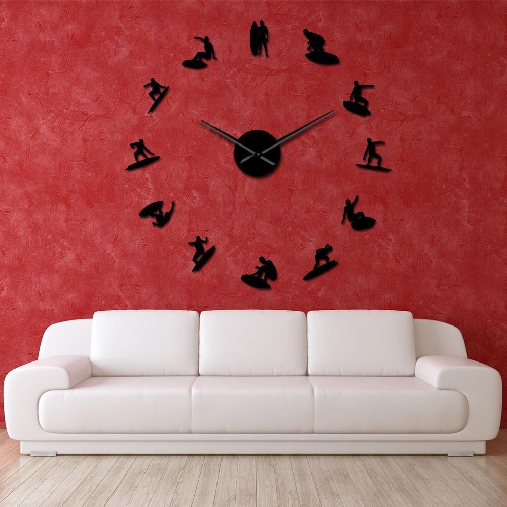 Wall Clocks - Surfing Sport Wakeboarding Large Frameless DIY Wall Clock Surfers Gift